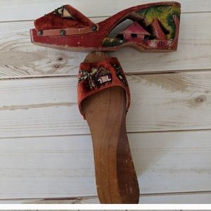 Tiki Polynesian Wood Carved Wedges/sandals